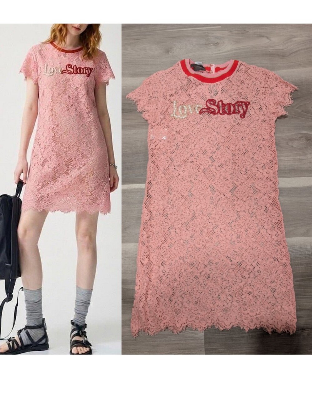 PINKO UNIQUENESS | Ventaglina Love Story Pearl Lace T-Shirt Dress In Pink